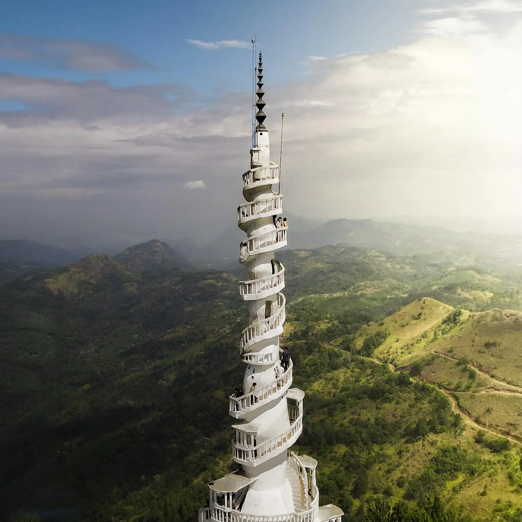 Ambuluwawa Tower spiral staircase with 360-degree mountain views